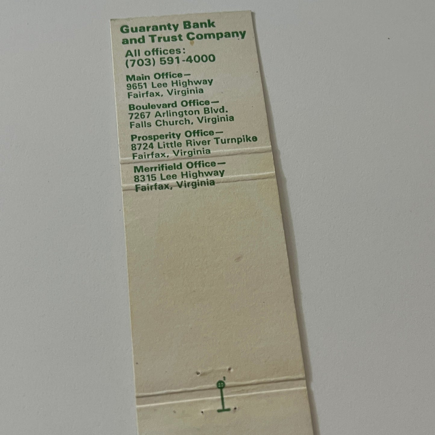 Guaranty Bank and Trust Company Fairfax VA Vintage Matchbook Cover TB6-MB2-5
