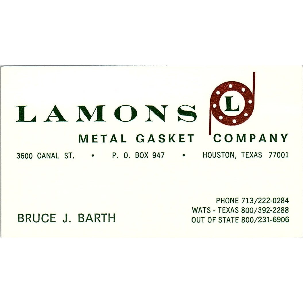 Lamons Metal Gasket Company Bruce Barth Houston TX Vintage Business Card SB4-B4