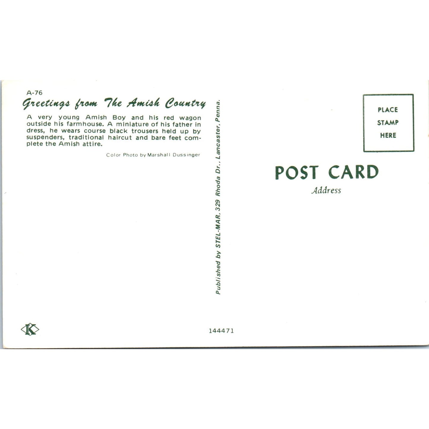 Young Amish Boy and his Red Wagon Pennsylvania Dutch Country Postcard PD8