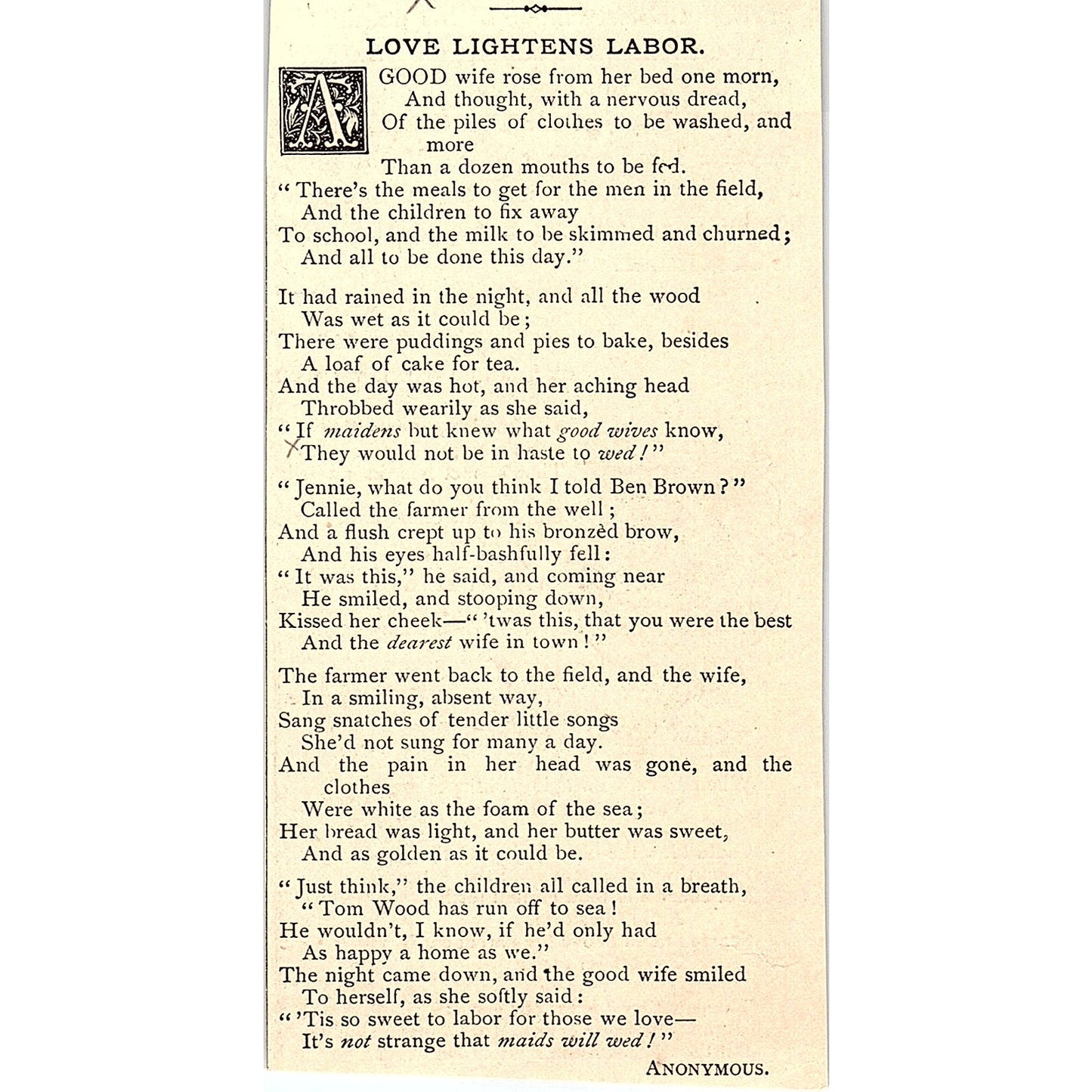Love Lightens Labor - Anonymous 1884 Poem AG3-M4