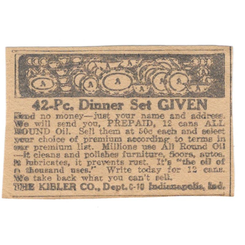 The Kibler Co. Indianapolis IN Dinner Set Offer 1923 Magazine Ad Clip AE1-6