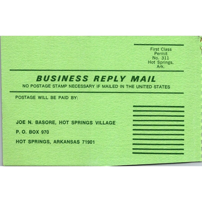 Hot Springs Village Joe. N Basore Arkansas Vintage Postal Mailing Card AI9-M26