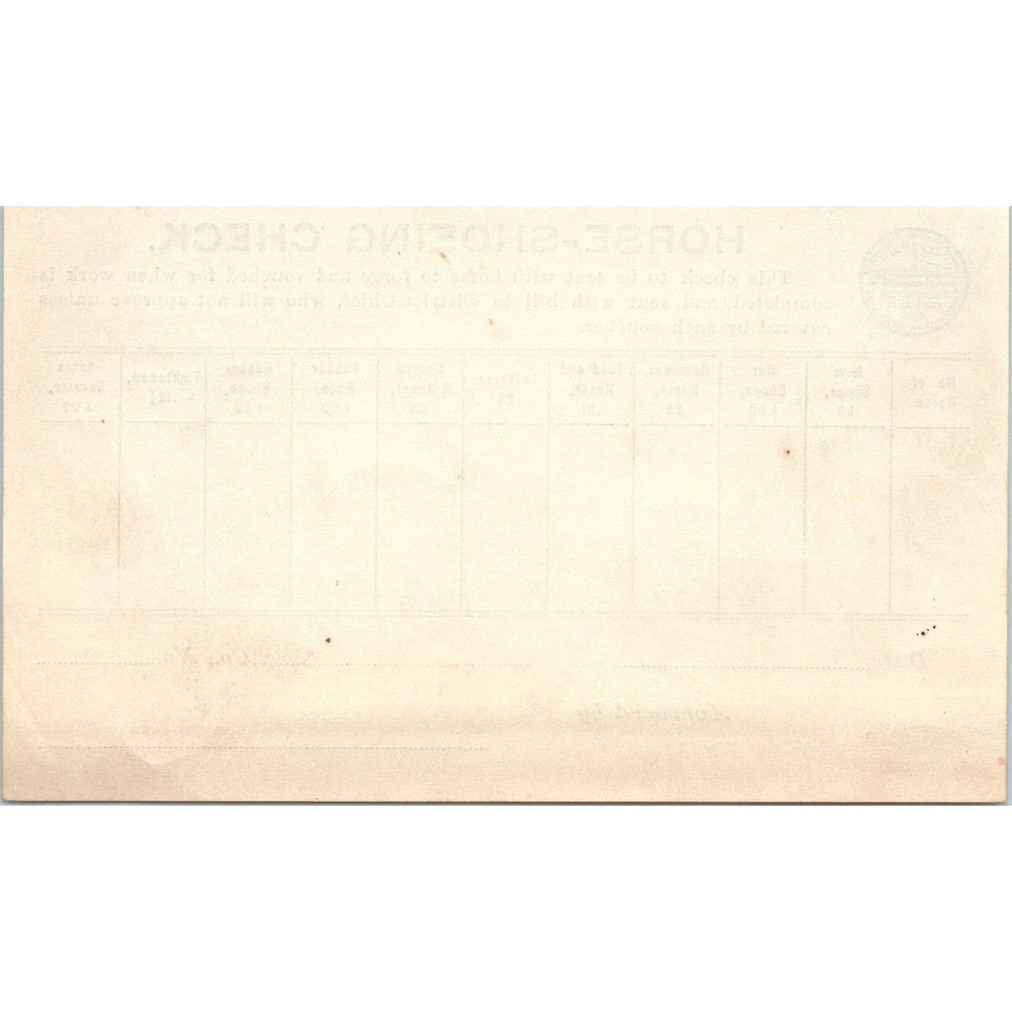 c1910 Boston Fire Department Horse-Shoeing Check Blank Form AE9-X2