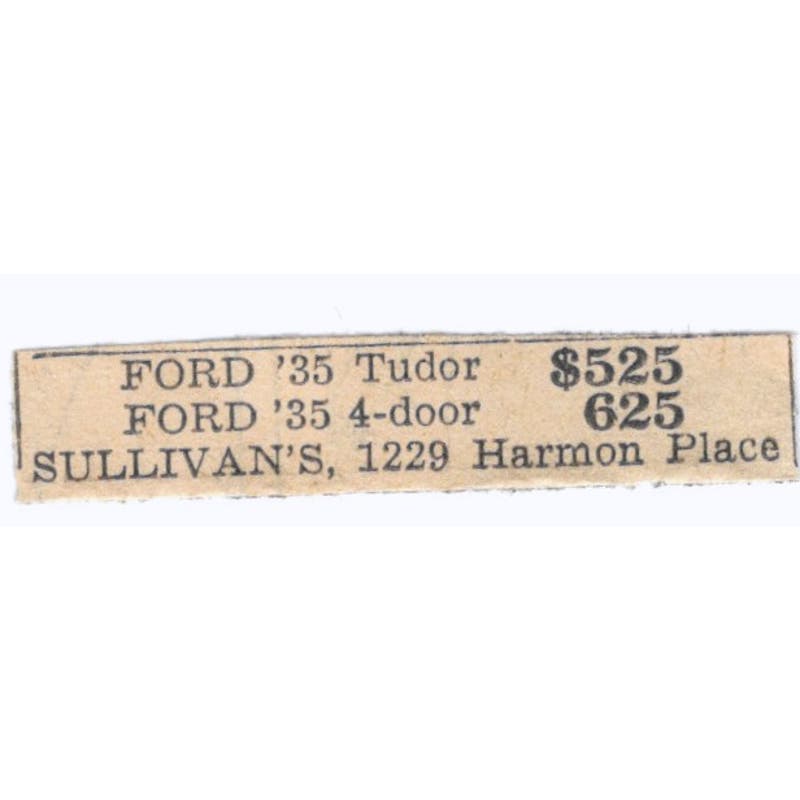 35 Ford Tudor Sullivan's Auto Sales Harmon Place 1935 Newspaper Ad AE7-H3