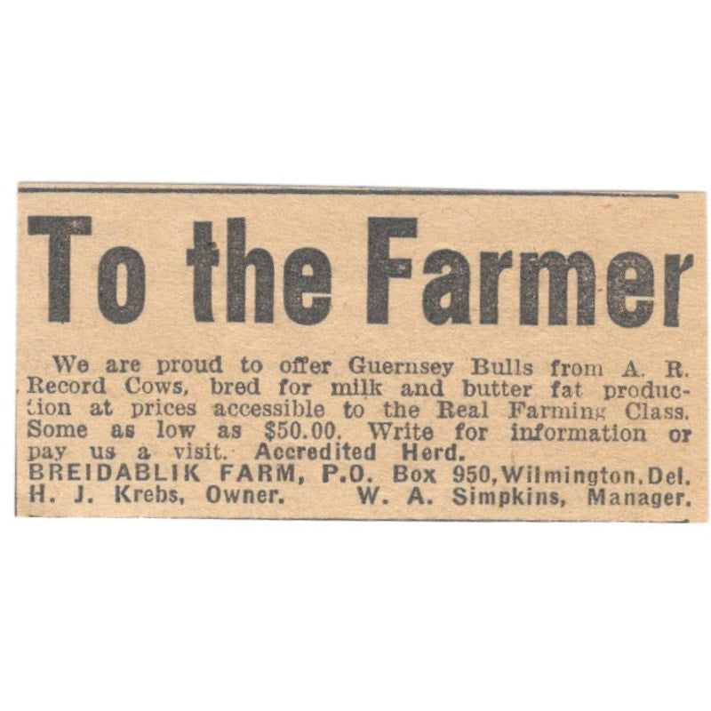 Breidablik Farm H.J. Krebs W.A, Simpkins Wilmington DE 1922 Magazine Ad AF2-T7