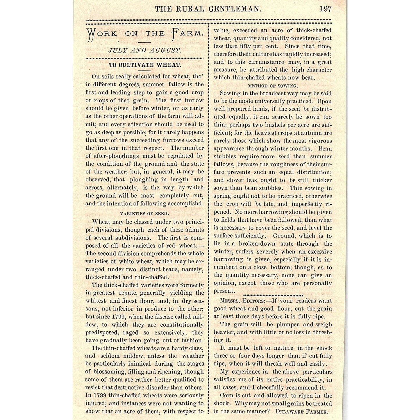 To Cultivate Wheat - Delaware Farmer 1867 Article AG9-5