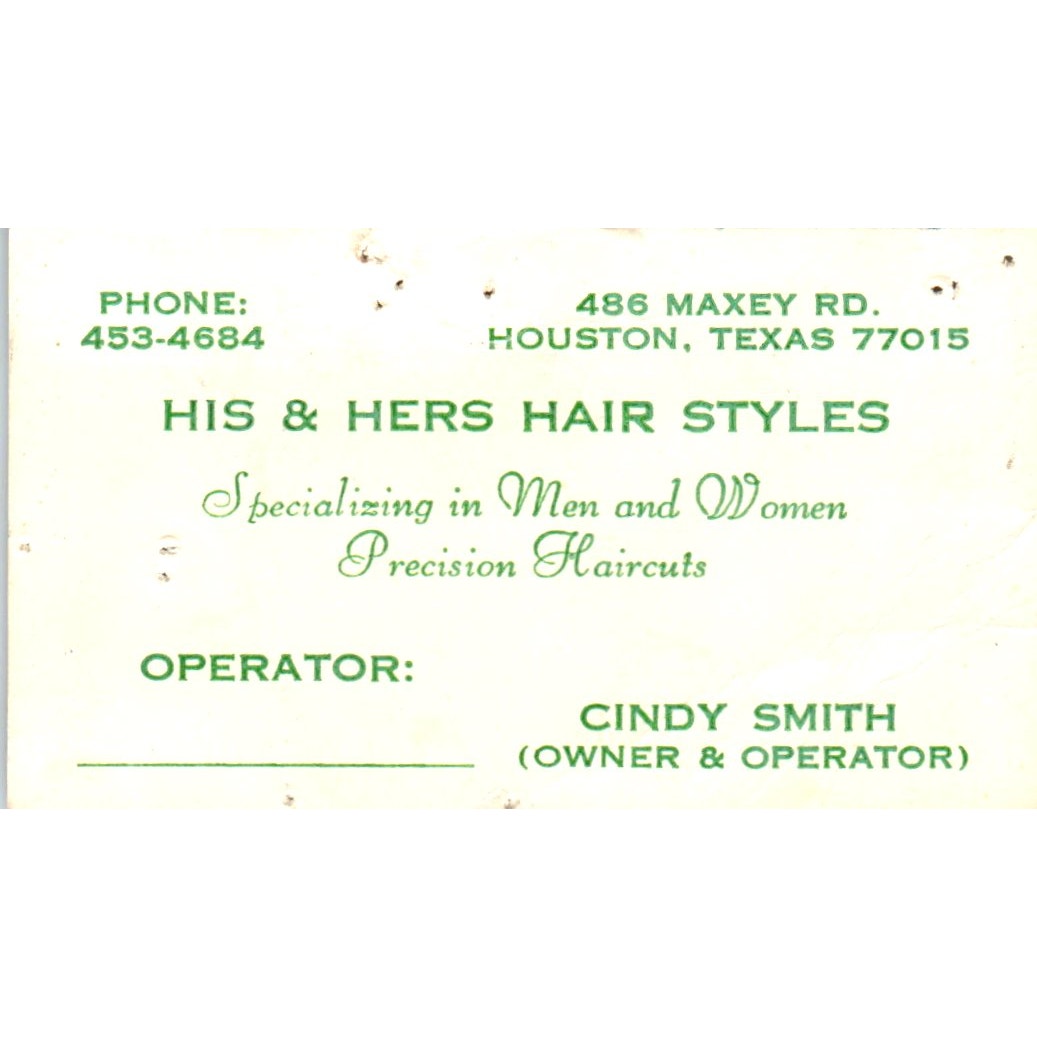 His & Hers Styles Salon Cindy Smith Houston TX Vintage Business Card SD8-B11