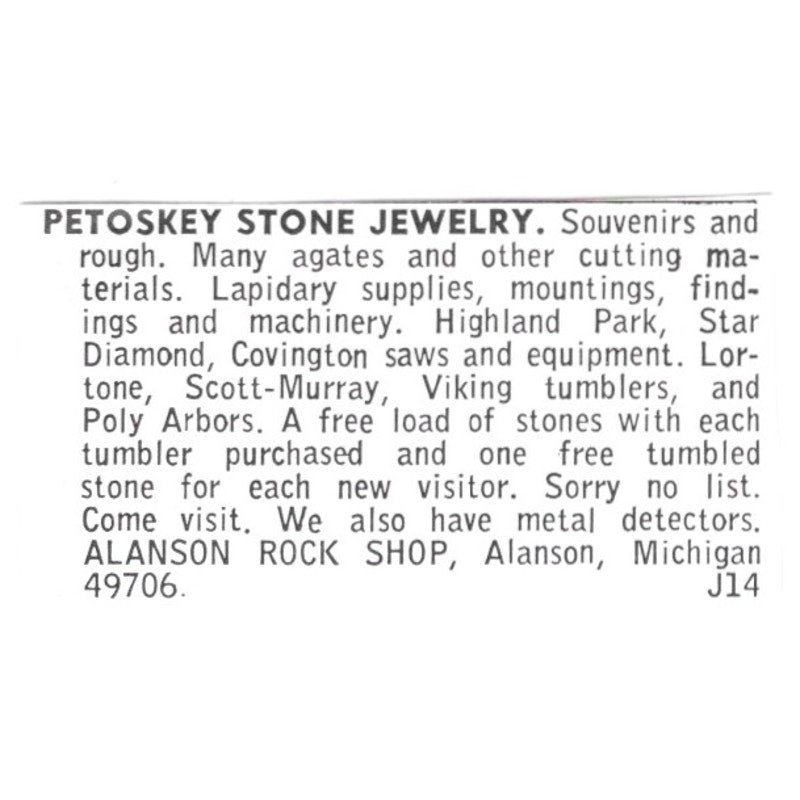 Alanson Rock Shop Petoskey Stone Jewelry Alanson MI Ad AF8-S21