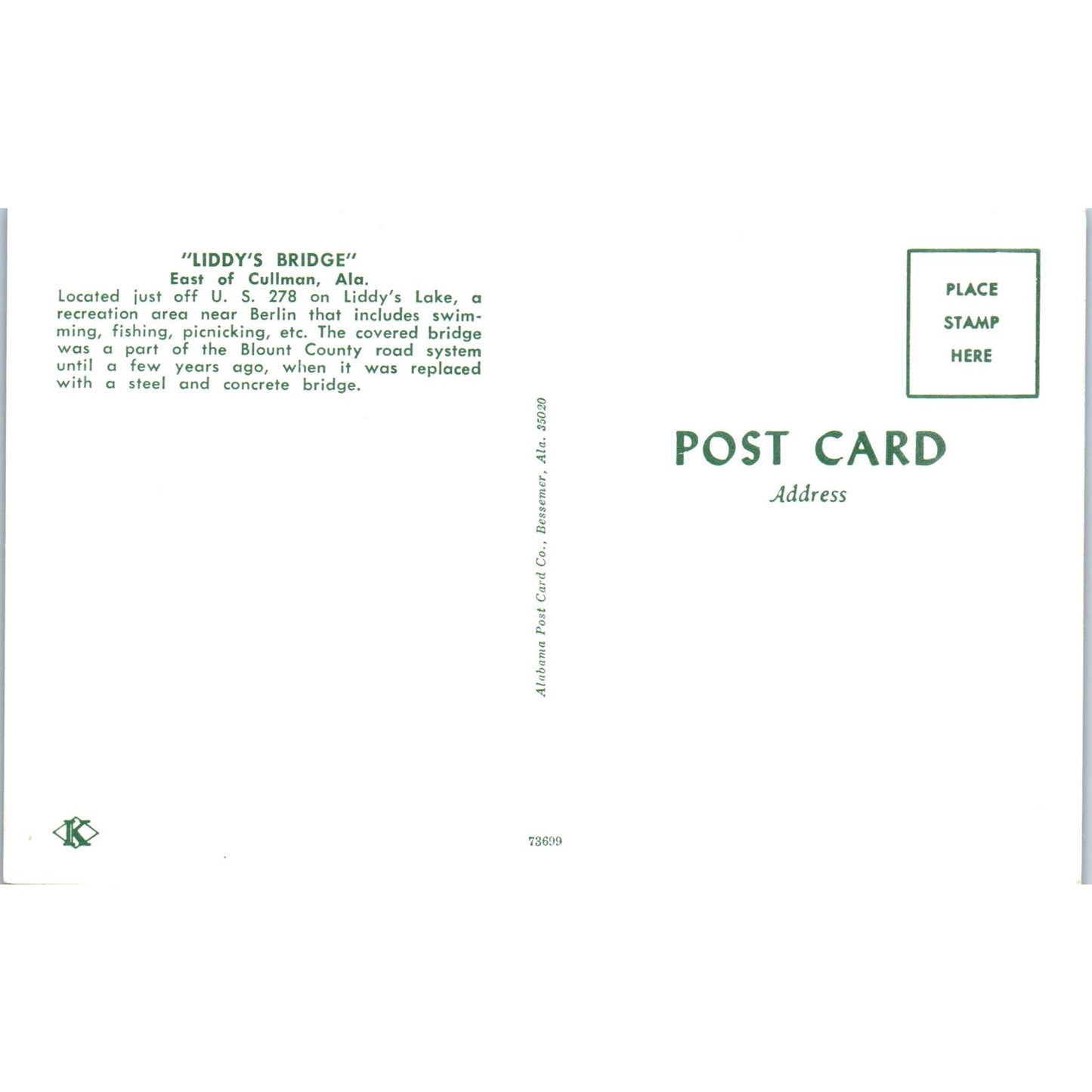 Liddy's Bridge Cullman AL Covered Bridge Postcard PB13