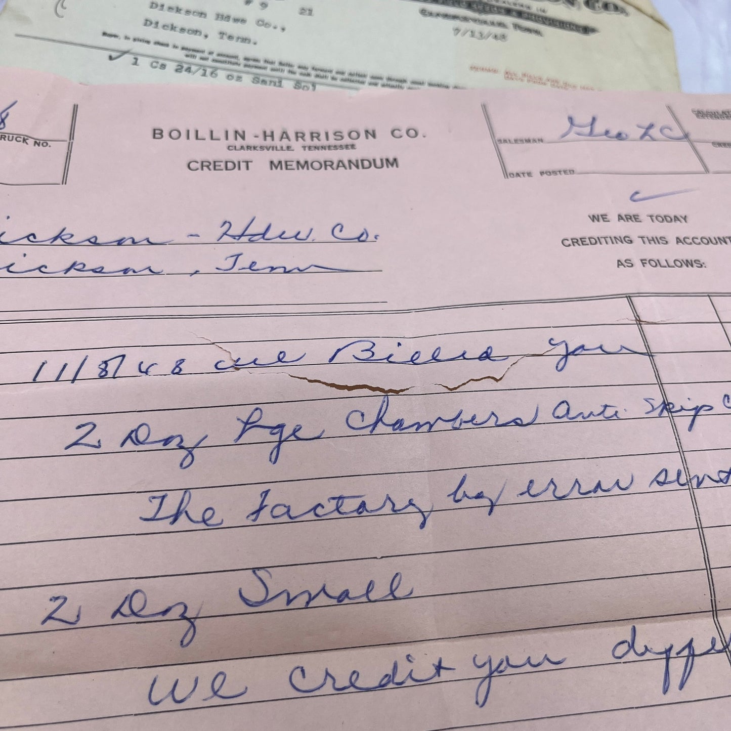 1940s Bollin-Harrison Co Groceries Clarksville TN Billhead Invoice Lot TC5-RD