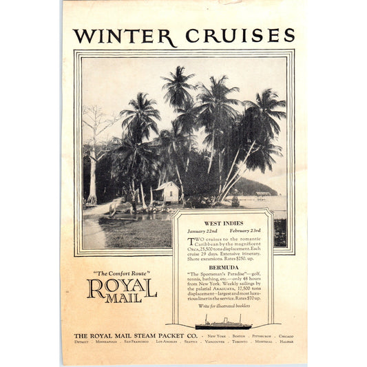 The Royal Mail Steam Packet Co Winter Cruises 1924 Magazine Ad D23
