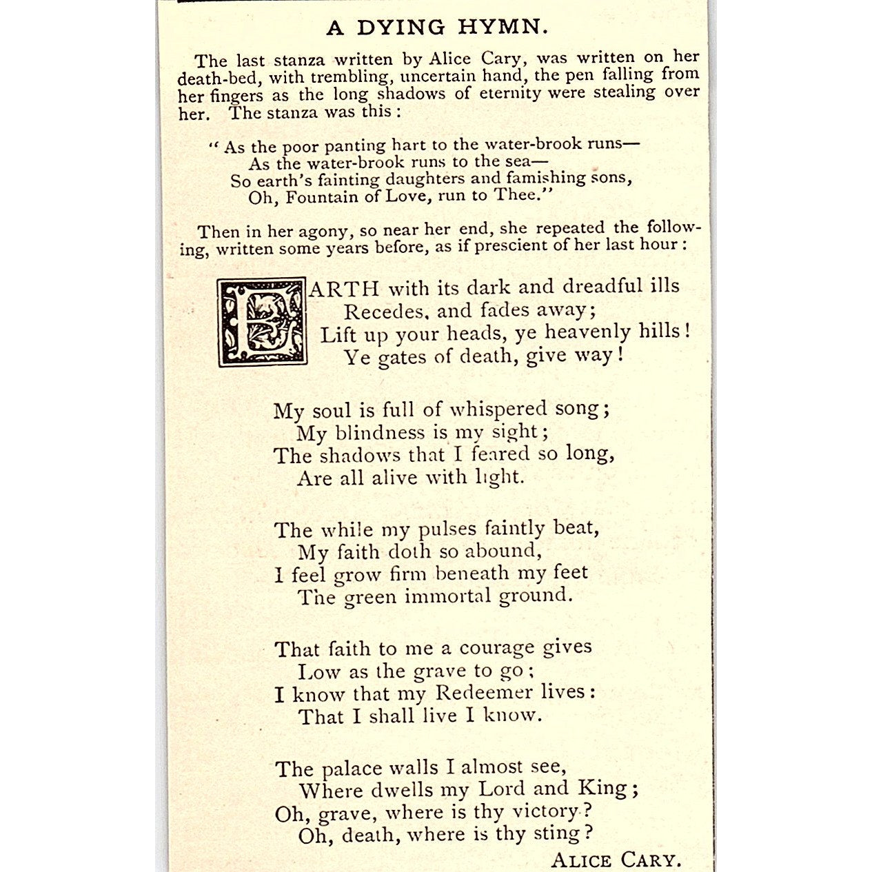 A Dying Hymn - Alice Cary 1884 Poem AG3-M1