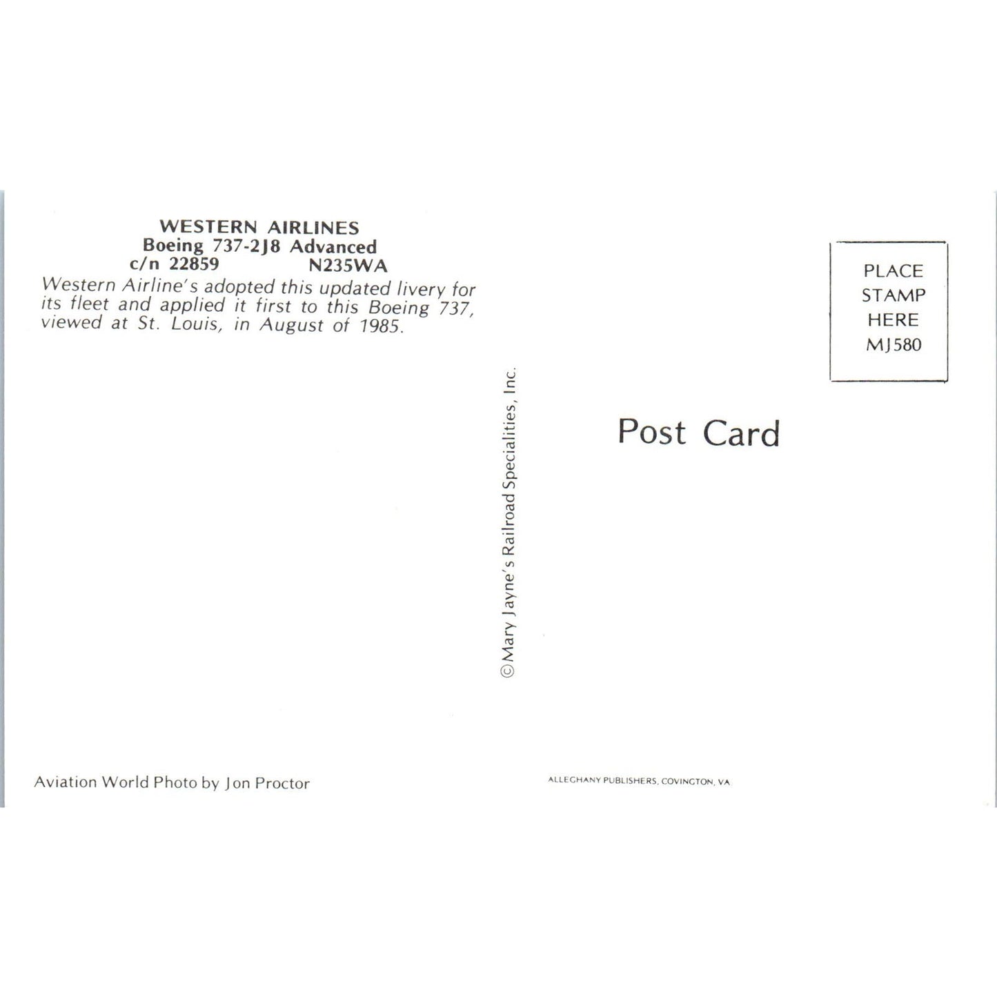 Western Airlines Boeing 737-2J8 Advanced Vintage Postcard PC3