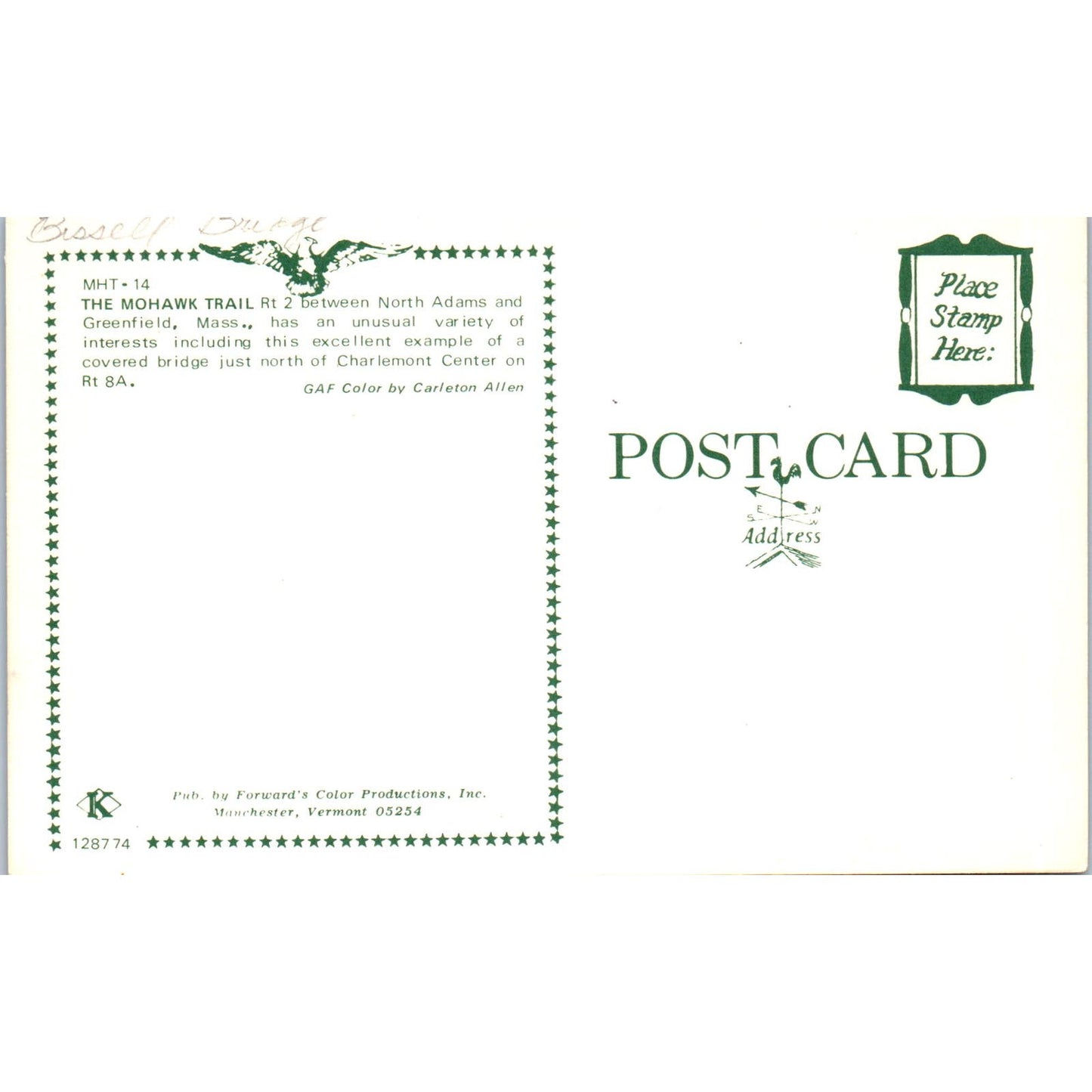 Mohawk Trail Bridge Charlemont Center MA Vintage Covered Bridge Postcard PC13