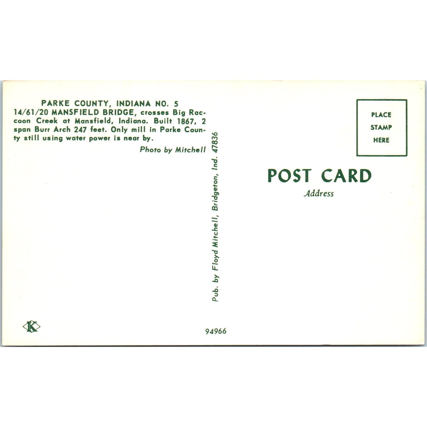 Mansfield Bridge Parke County #5 Mansfield IN Covered Bridge Postcard PB11