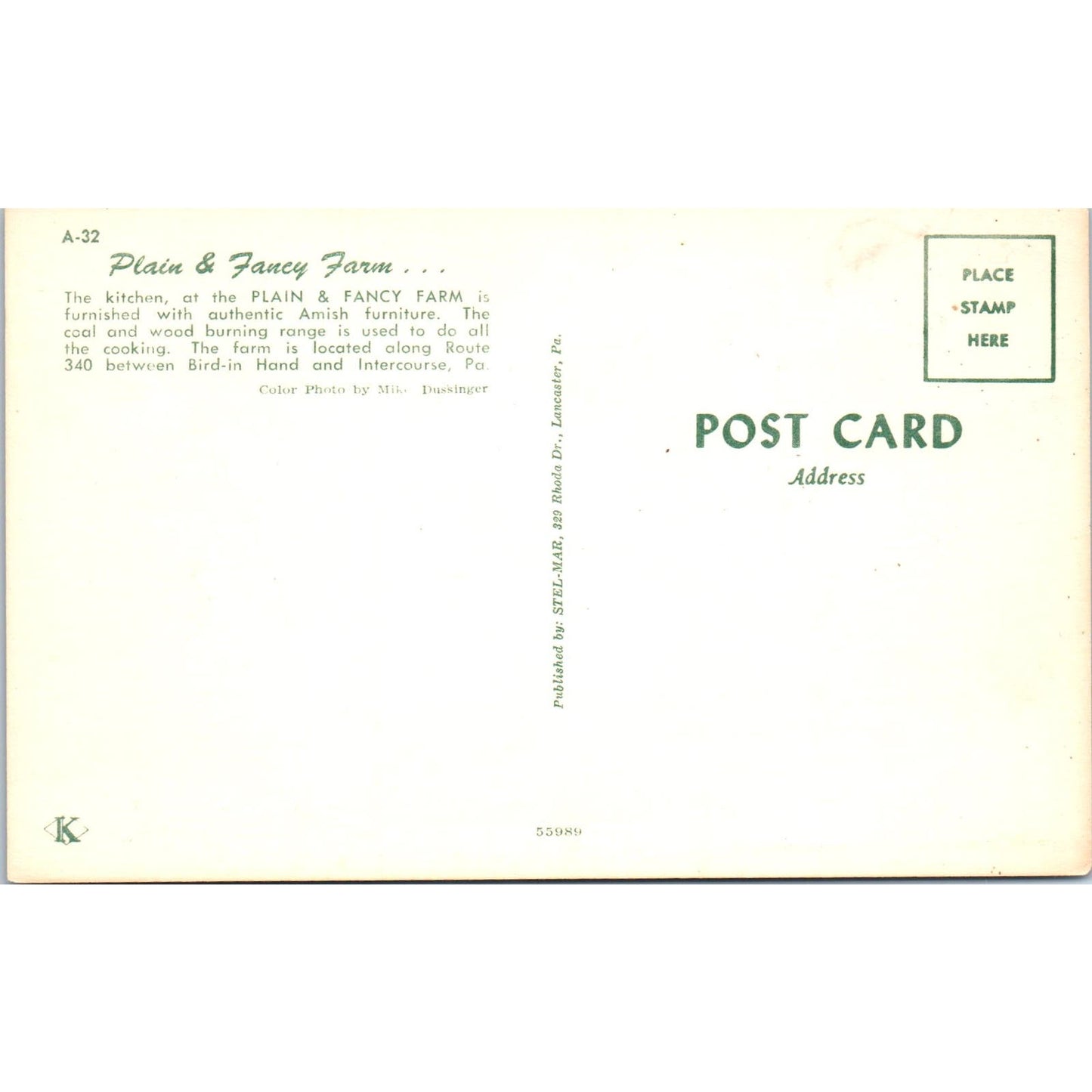 Plain & Fancy Farm Kitchen Amish Pennsylvania Dutch Country Postcard PD7
