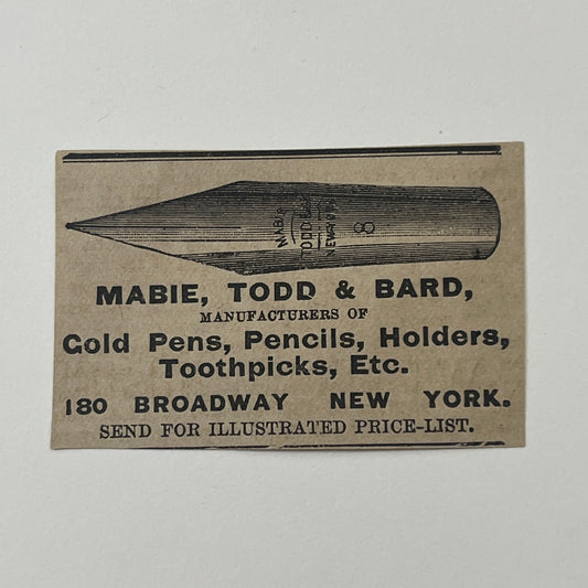 Mabie, Todd & Bard Pencils Pens Toothpicks 180 Broadway NY 1878 Ad AG2-M15
