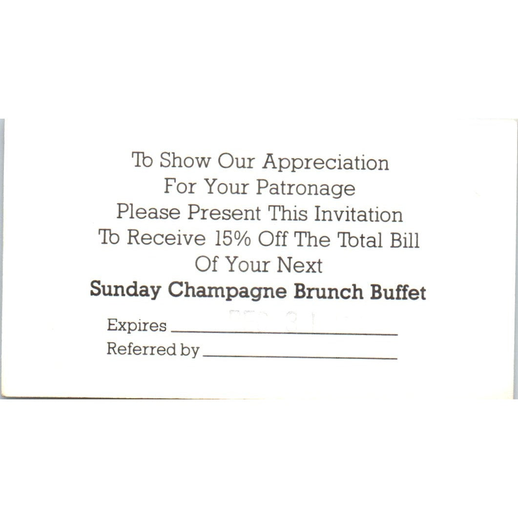 1987 Gulf Freeway Holiday In Sunday Brunch Buffet Vintage Business Card SE3-B1