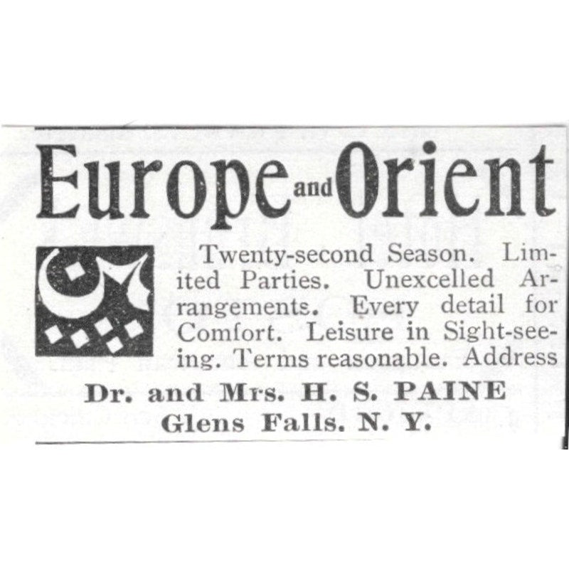 Europe and Orient Travel Dr and Mrs H.S. Paine Glens Falls NY 1903 Ad AF8-S43