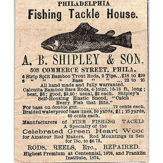 A.B. Shipley & Son Fishing Tackle House Philadelphia PA 1878 Ad AG2-M14