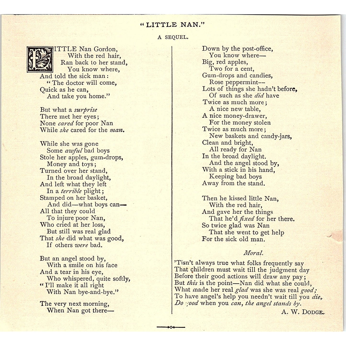 Little Nan - A Sequel - A.W. Dodge 1884 Poem AG3-2