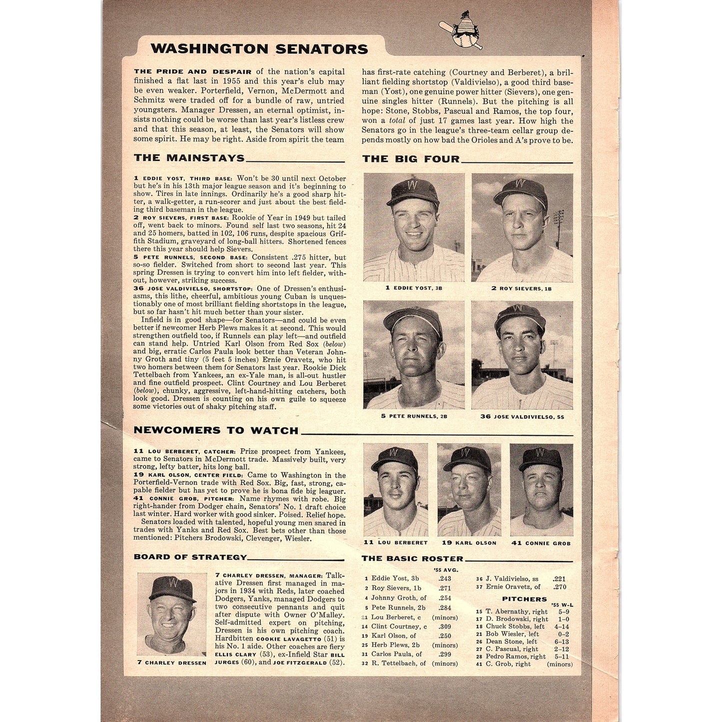 Baltimore Orioles, Washington Senators Baseball Team Preview 1956 Article AG7-6