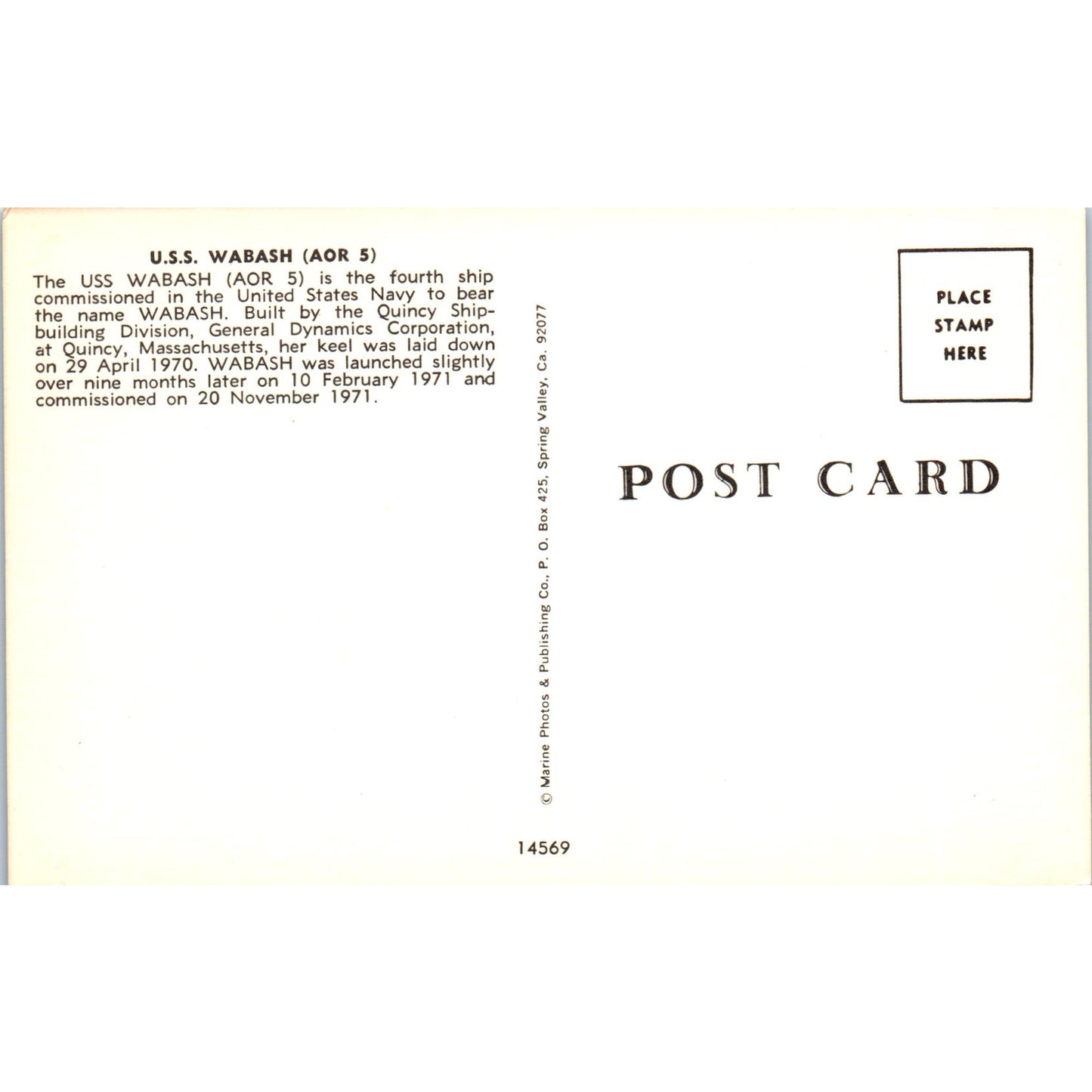 USS Wabash (AOR 5) Vintage Postcard PE3