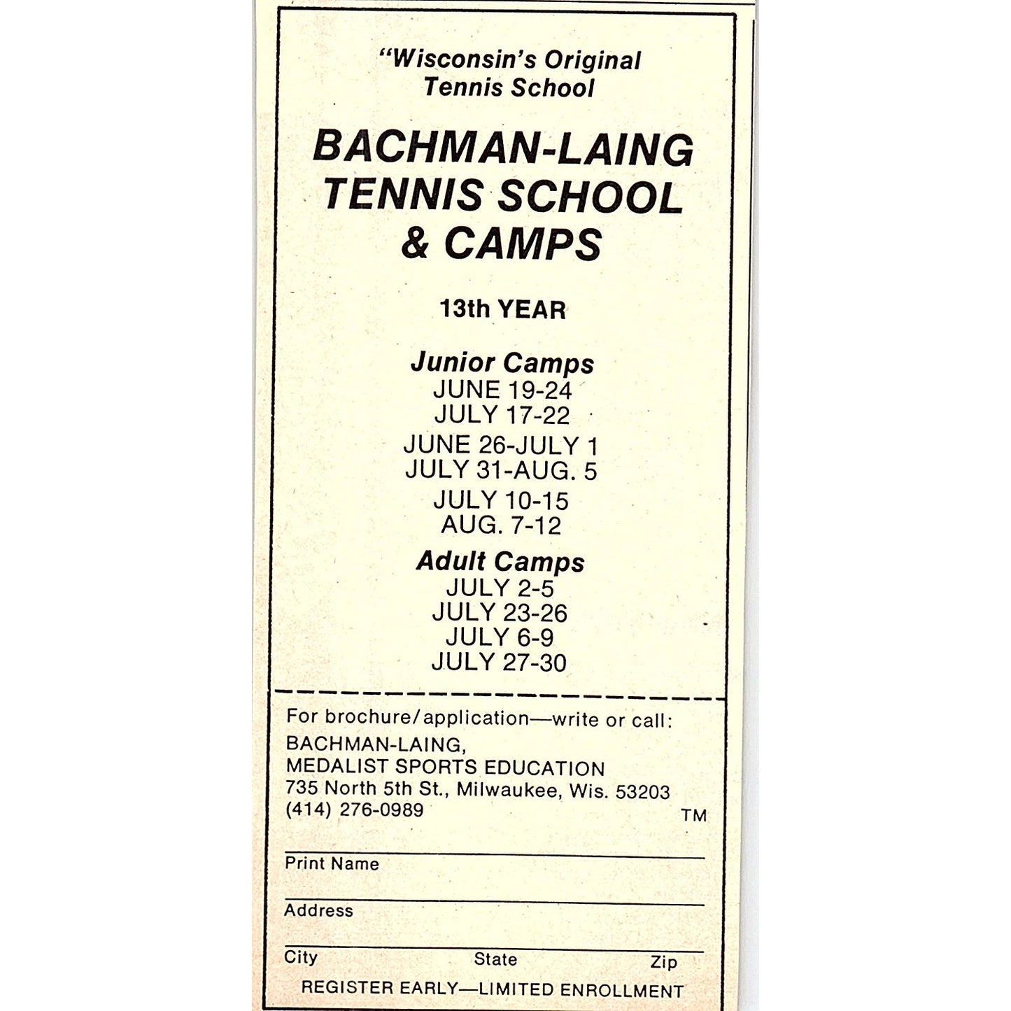 Bachman-Laing Tennis School & Camps Milwaukee WI 1977 Ad AF3-Q1