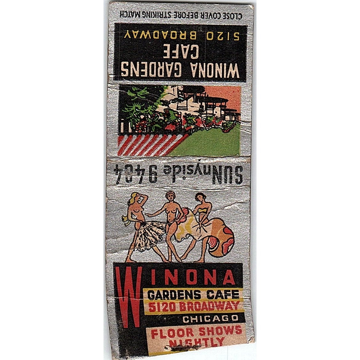 Winona Gardens Cafe 5120 Broadway Chicago Pinup Vintage Matchbook Cover SC7-Y7