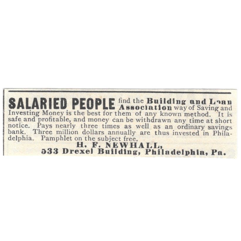 Investments - H.F. Newhall Drexel Bldg Philadelphia c1890 Victorian Ad AE9-CH4