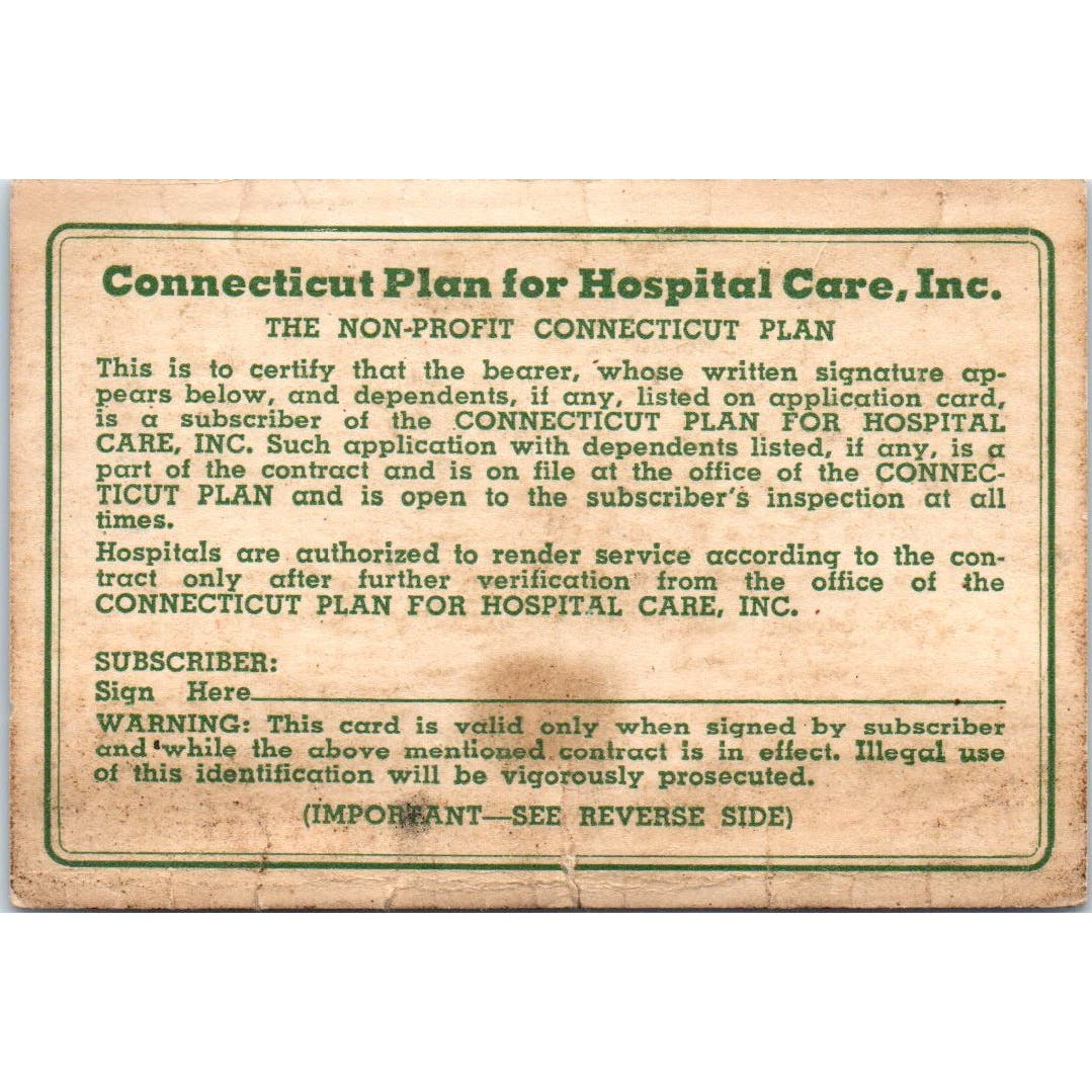 Vintage Connecticut Plan for Hospital Care Wallet Card New Haven CT AE7