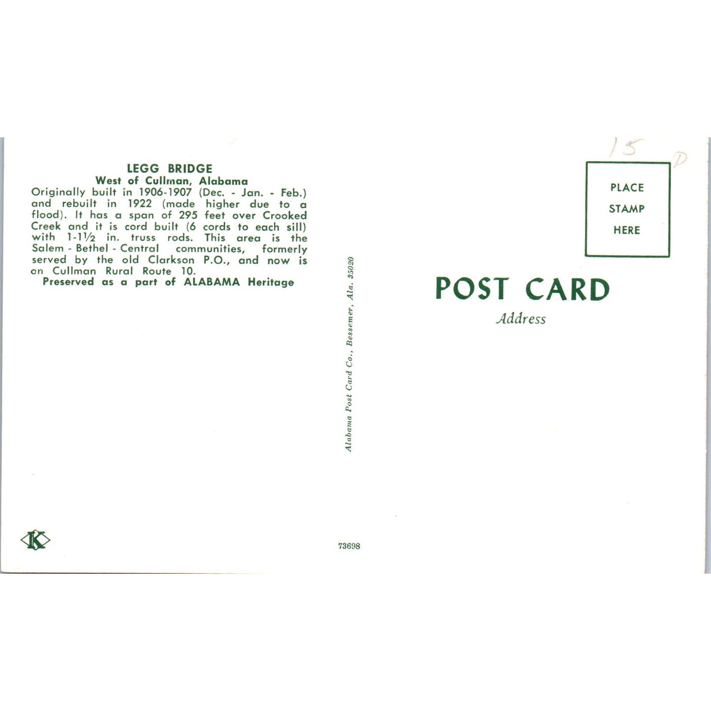Legg Bridge Cullman AL Covered Bridge Postcard PB13