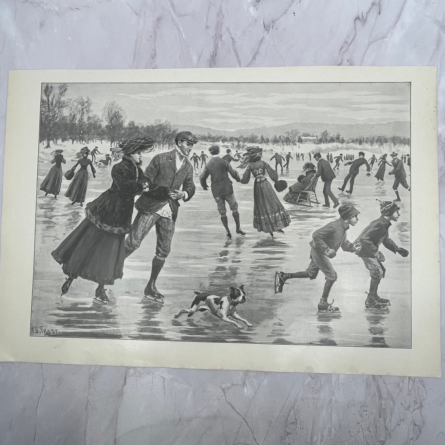 Glory of a Winter's Day Ice Skating - Original 1904 A.B. Frost Art Print V14-3