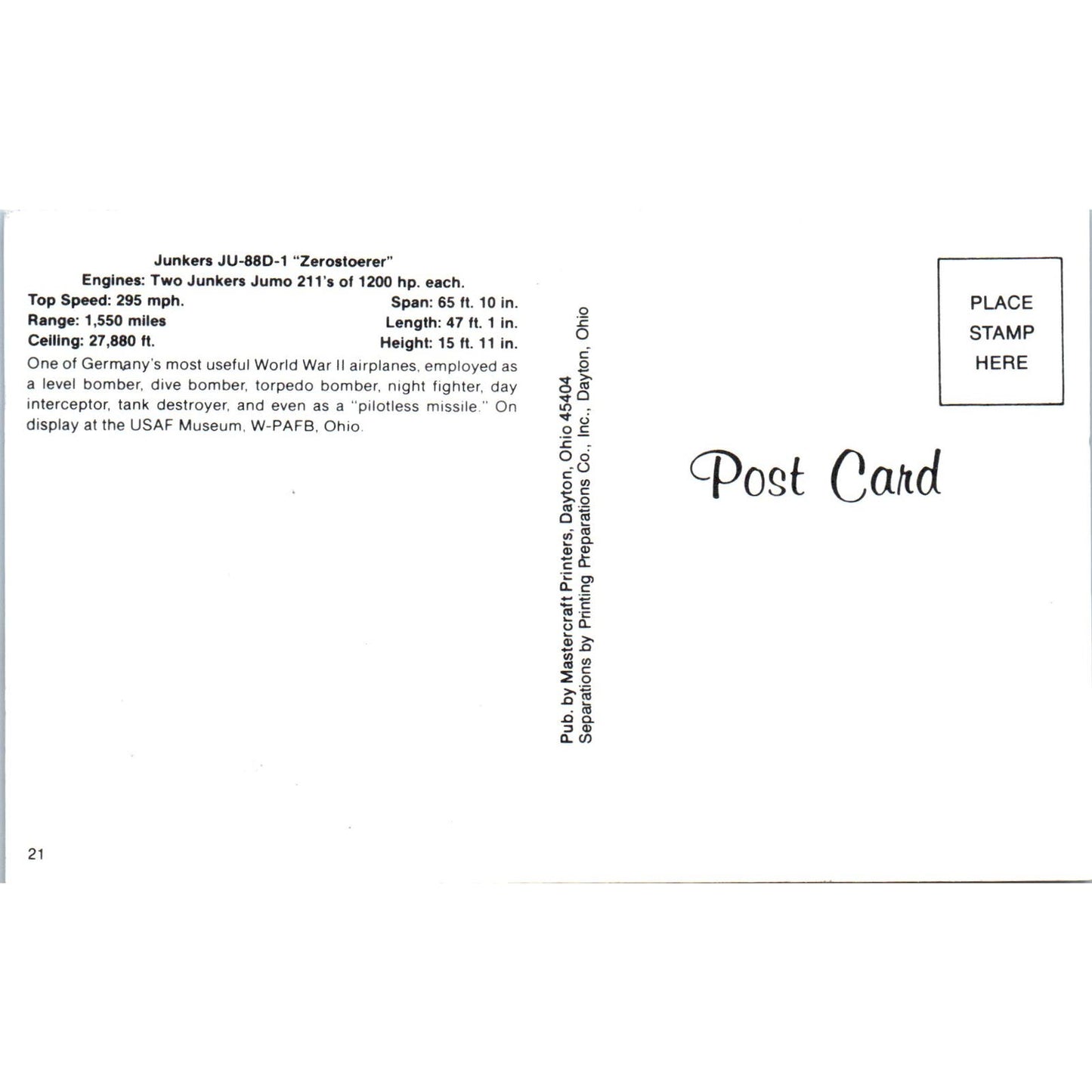 Junkers JU-88D-1 Zerostoerer Vintage Postcard PC19