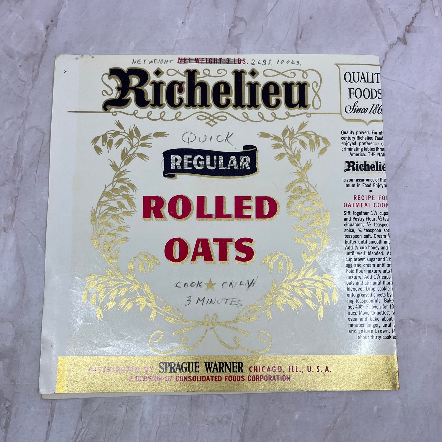 Richelieu Rolled Oats Label Sprague Warner Chicago IL A19