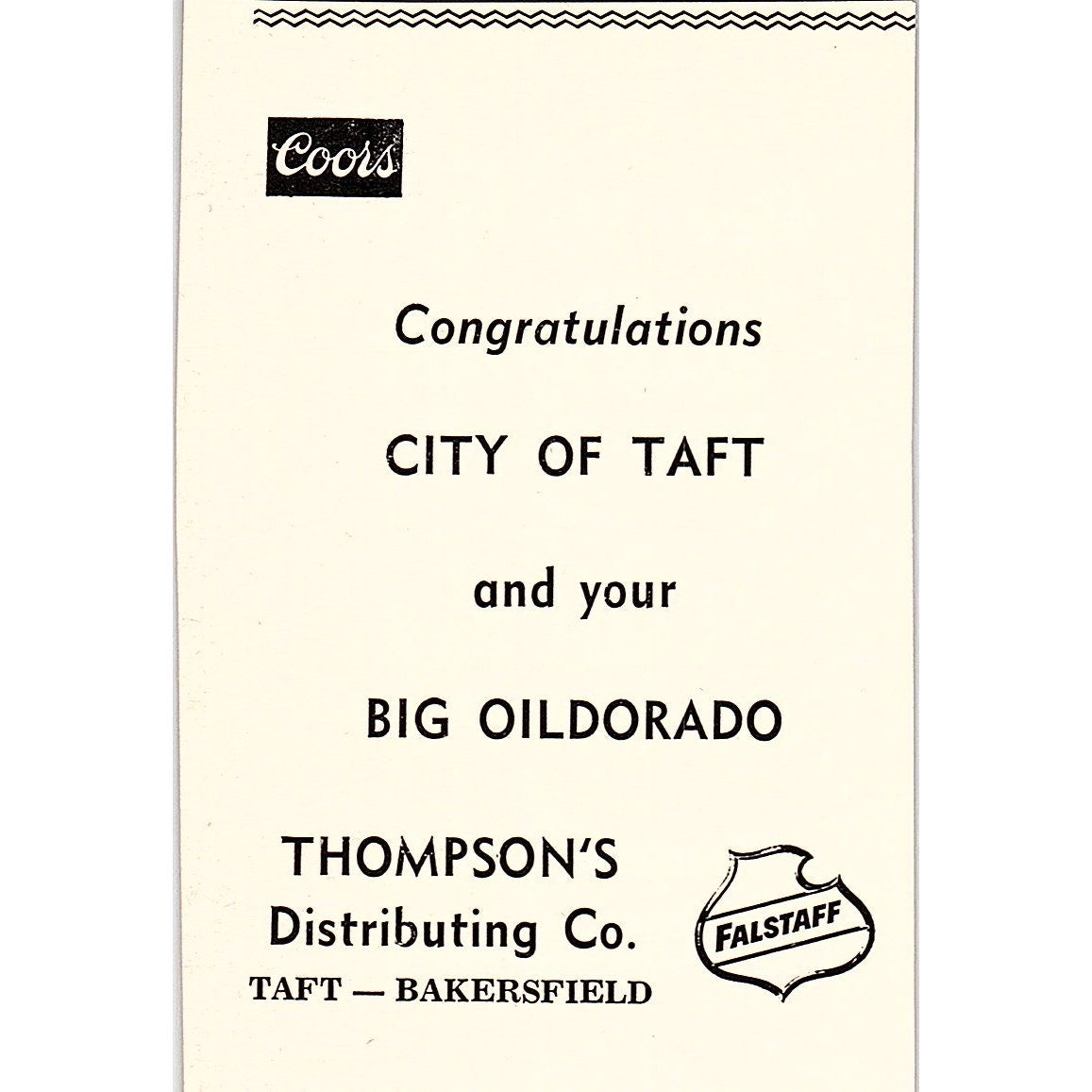 Oasis Cafe & Oasis Bar, Thompson's Distributing Co - Taft CA 1965 Ad AF8-M6