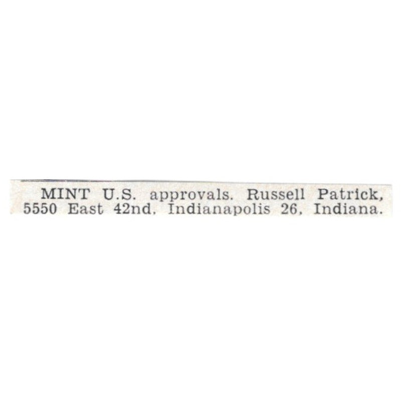 Mint US Approvals - Russell Patrick, Indianapolis IN 1955 Ad AG1-S9