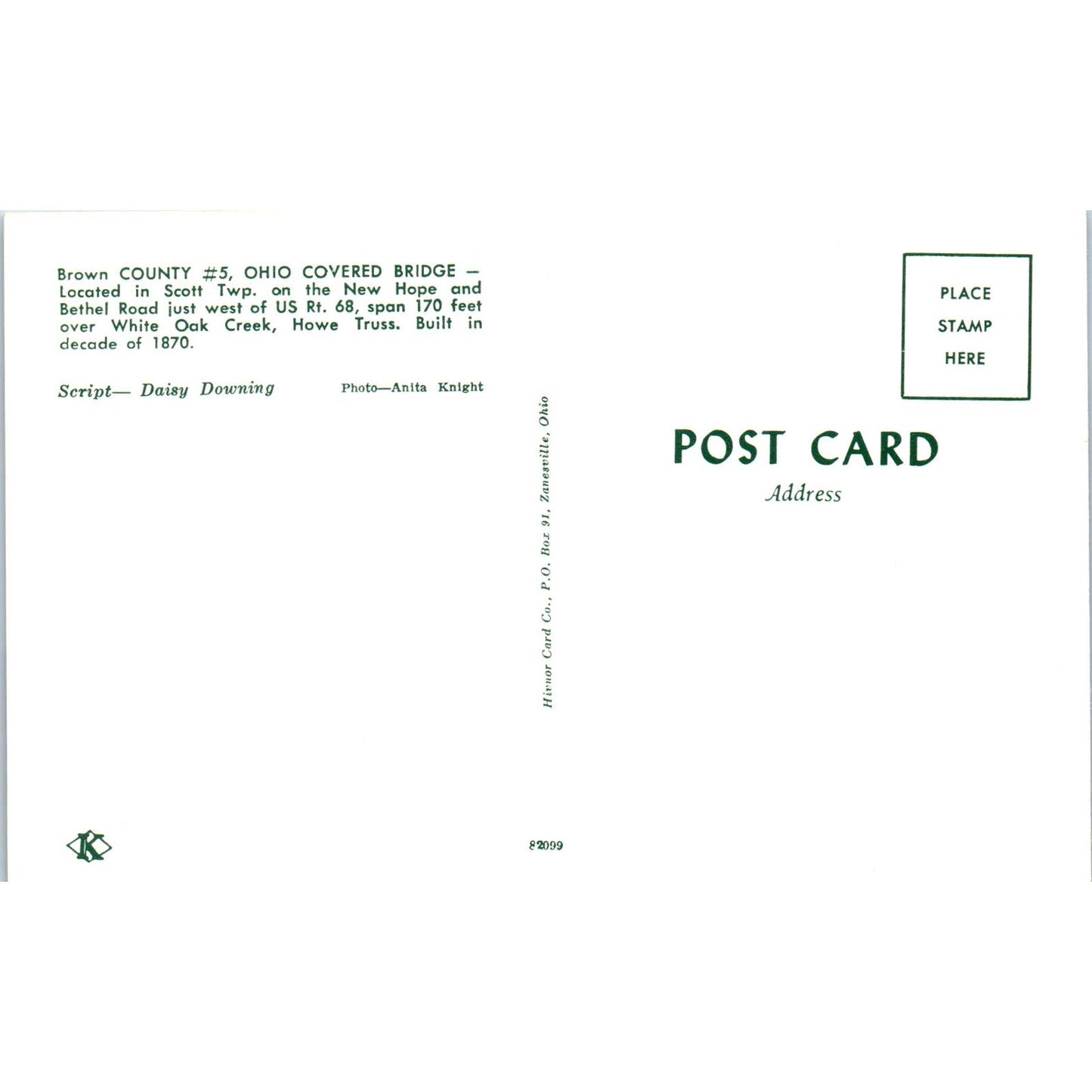 Brown County Ohio Scott Twp #5 Covered Bridge Postcard PB10