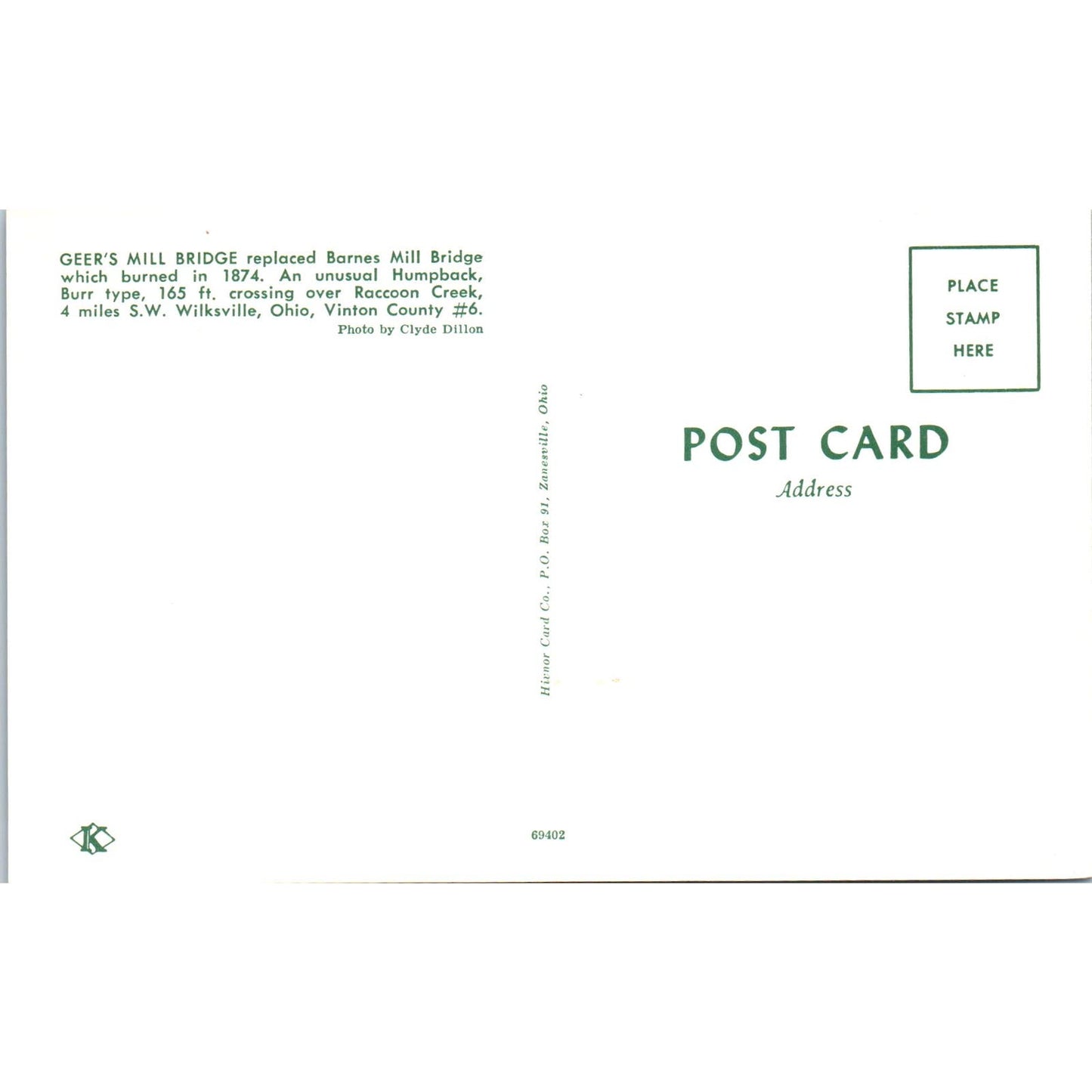 Geer's Mill Bridge Raccoon Creek Wilksville OH Covered Bridge Postcard PB10