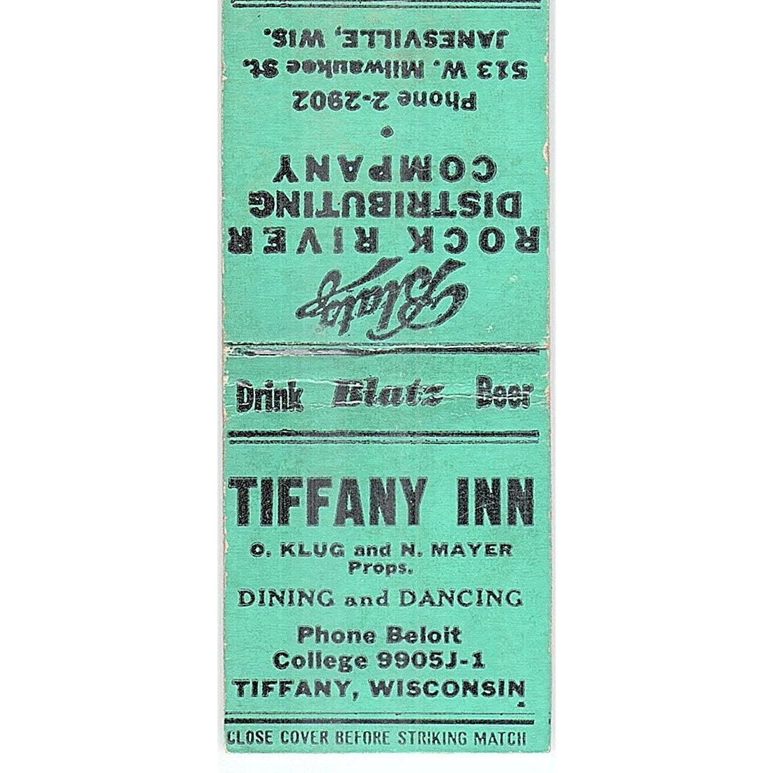 Tiffany Inn O Klug, N Mayer Tiffany WI Vintage Matchbook Cover SC7-Y11