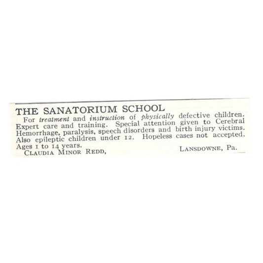 The Sanitorium School Claudia Minor Redd Lansdowne PA 1924 Magazine Ad AD8-O8