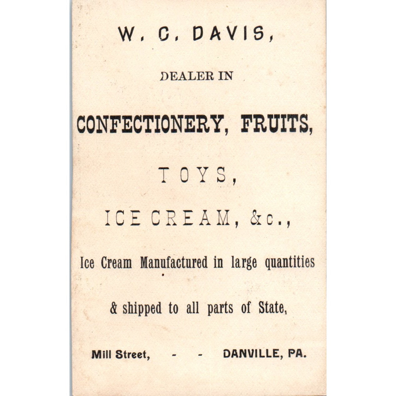 W.C. Davis Toys Ice Cream Danville PA Boy With Puppy c1880 Trade Card AF1-AP8