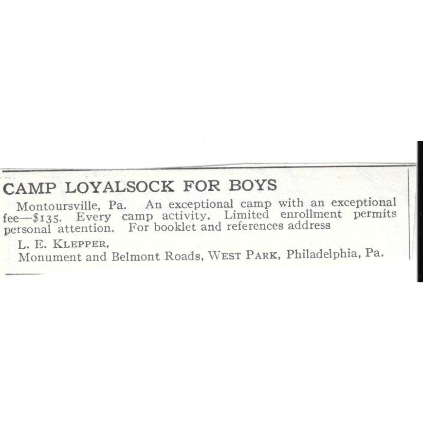 Camp Loyalsock for Boys Philadelphia PA L. E. Klepper c1920 Magazine Ad SAG4-S3
