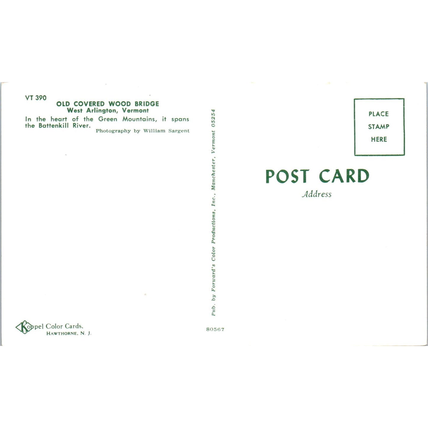 Old Covered Wood Bridge West Arlington VT Vintage Covered Bridge Postcard PD6