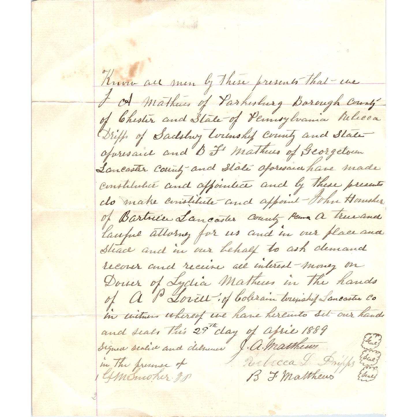 1889 Original Handwritten Letter J.A. Matthews Chester County Parkesburg PA D18