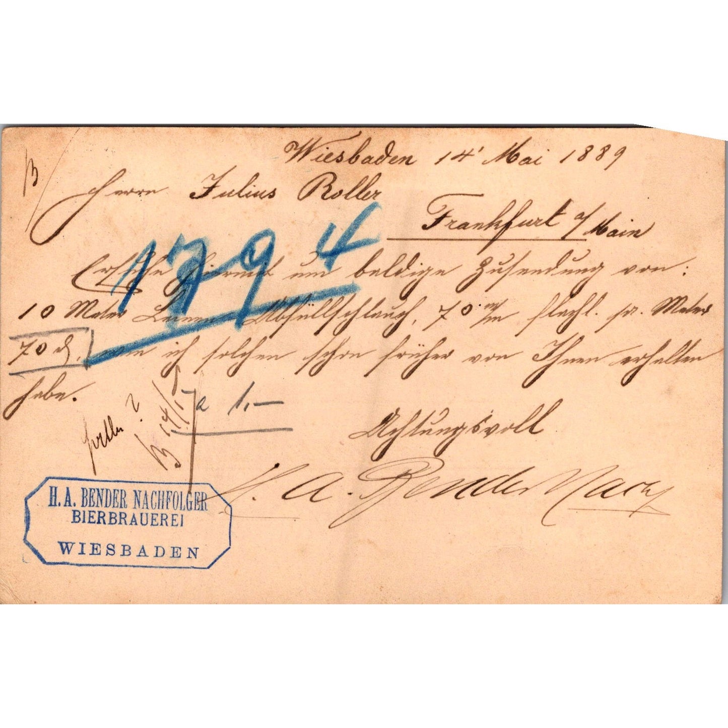 H.A. Bender Nachfolger Bierbrauerei Wiesbaden 1889 German Reich Postcard TE2-GRP