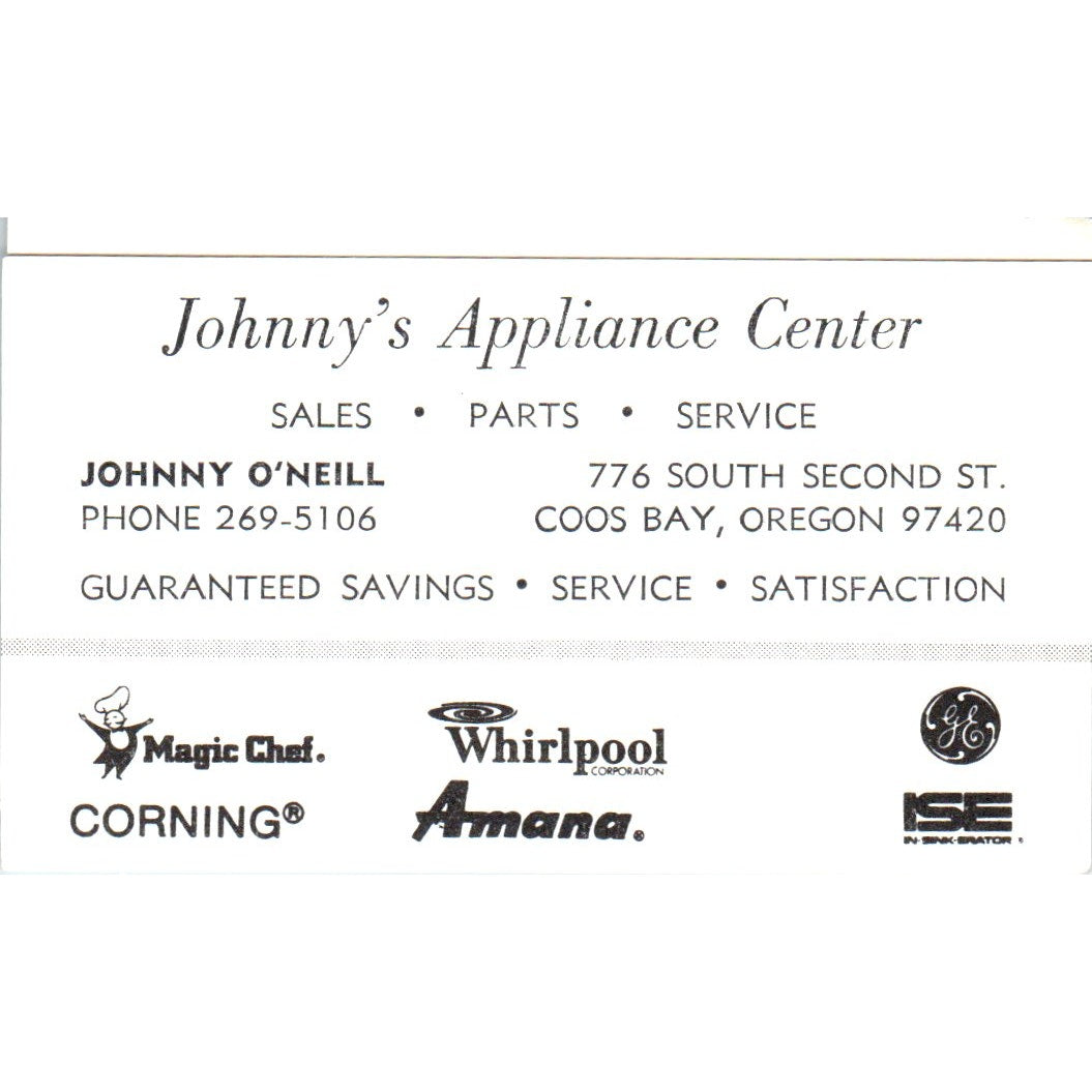 Johnny's Appliance Center Johnny O'Neil Coos Bay Vintage Business Card SD8-B13