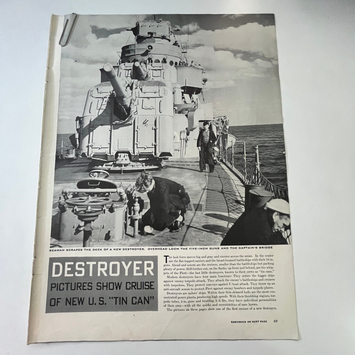 Destroyer Pictures Show Cruise of US "Tin Can" 4 Pages 1940s WWII Article V29-5