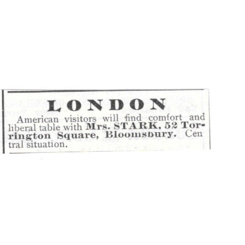 London Boarding House Mrs Stark Torrington Square Bloomsbury 1903 Ad AG3-S13