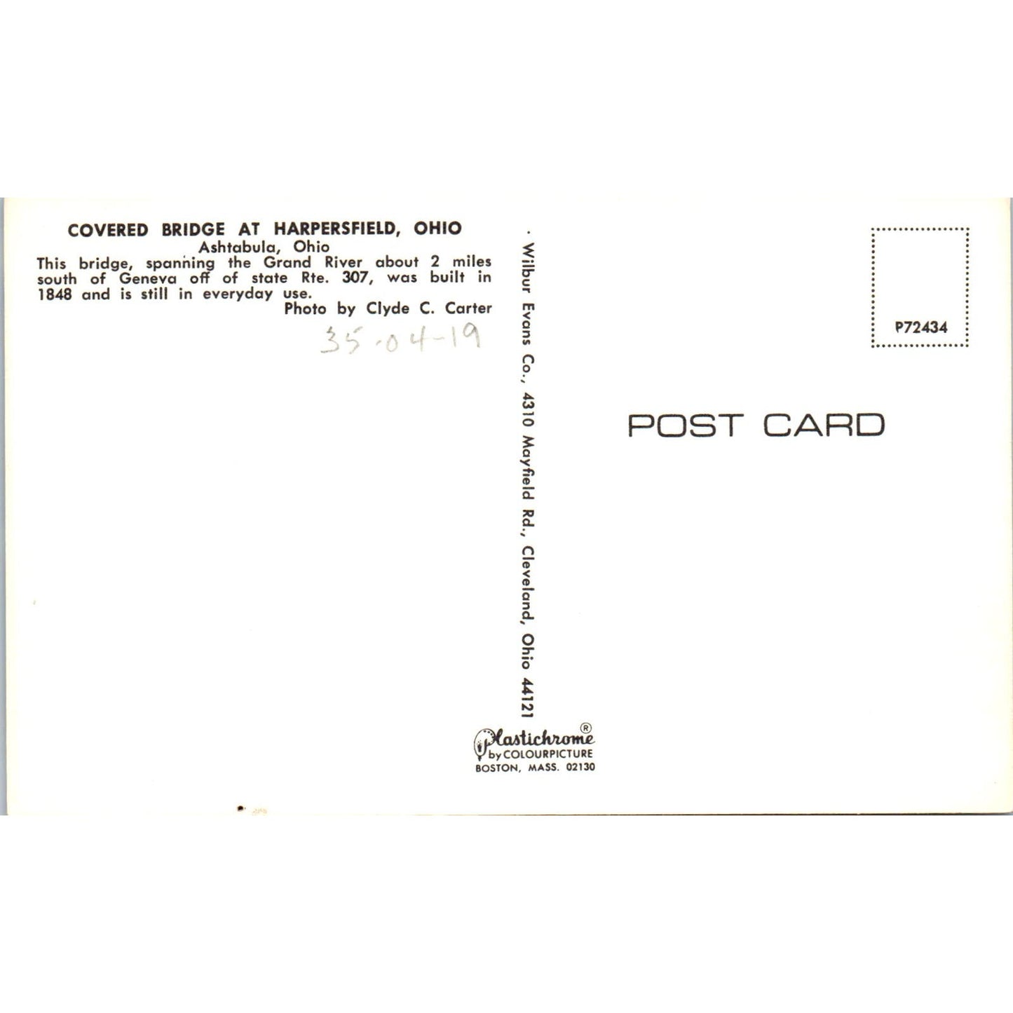 Grand River Bridge Harpersfield Ohio Covered Bridge Postcard PC3